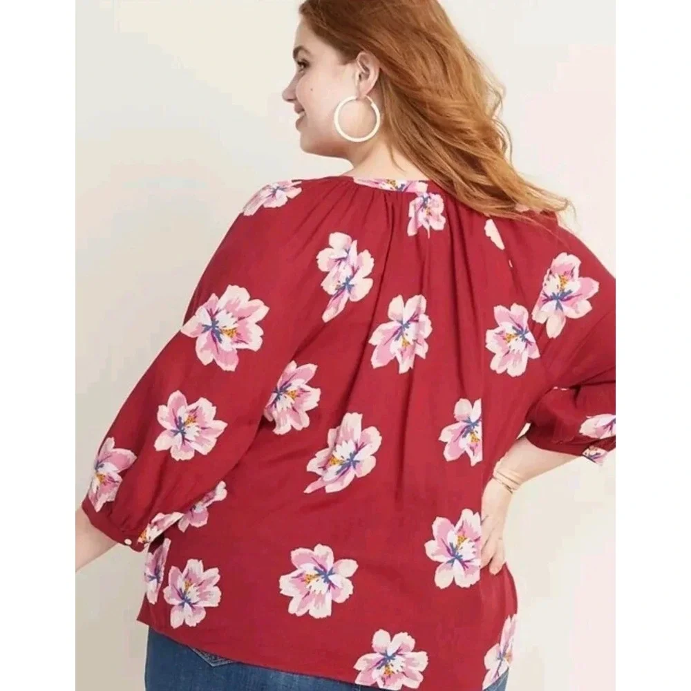 Old Navy Floral Casual Blouse Women 3X Plus Burgundy Red Boho Cotton Gauze